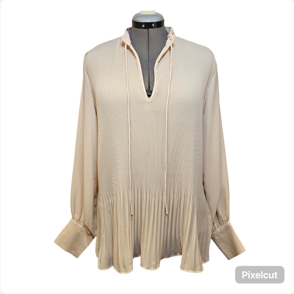 👍NWOT H&M cream white long sleeve pleated chiffon loose fit shirt top sz M US. - Picture 1 of 8